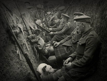 Scott troops of the British Army are relaxing in the trenches in WWI