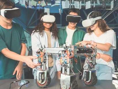 Young man and woman immersed in VR experiments with robotics, surrounded by advanced lab equipment and robots