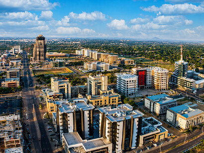 An aerial panorama of Gaborone, the capital of Botswana, highlighting contemporary infrastructure and one of Africa’s notable economic success stories
