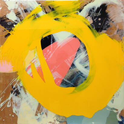 Loukas Morley, Stratum Journey 5 (yellow circle), spirit based pigment, resin, on birch ply board, 2014