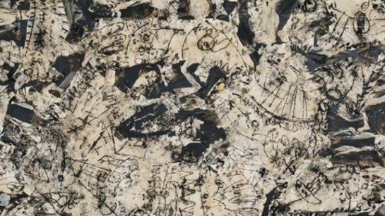 Gene Mann, Craintive sauterelle, vous qui sautez si haut, priez pour nous lorsque vous retombez - René Char, 2014, Mixed media on board, 69.5 x 46 inches (176.5 x 116.8 cm)