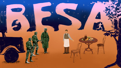 A Muslim stalling the Nazis to protect a Jew, an illustration by Paola Bilancieri