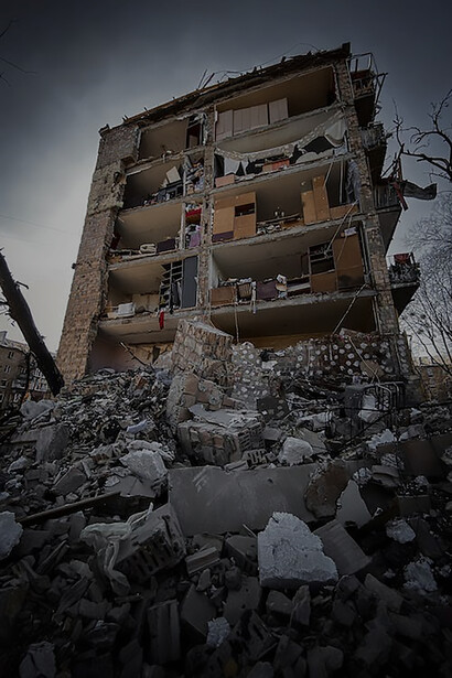 A building in Kyiv, Ukraine, left in ruins following Russian attacks