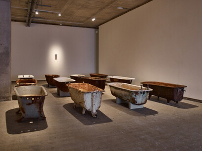 Eye of Shark, 2014 12 cast iron baths with gilding, marble panel, shark eye and display box, amber glass. Courtesy the artist and Frith Street Gallery, London. Photography by Steve White. 