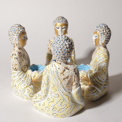 Alessandro Moreschini, Meditate actions on water, acrylic tempera on stone, 4 statuettes 19 x 11 x 14 cm, total 29 x 29 x 19 cm, 2015