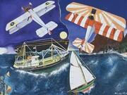 Malcolm Morley, Man Overboard, 1994, oil on canvas with 3 paper flags, 56 x 78 inches (142 x 198 cm), Hall Collection