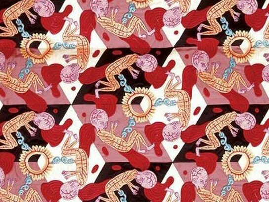 Grayson Perry, Right to Life, 1998, Cotton and rayon, computer controlled embroidery, 250 x 200 cm, 98.43 x 78.74 inches, courtesy the Artist and Victoria Miro, London, © Grayson Perry