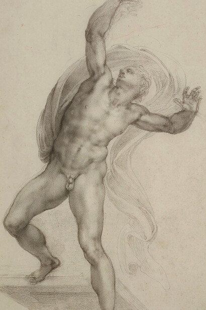 Michelangelo Buonarroti, 'The Risen Christ', c.1532-3. Black chalk on paper. 37.2 x 22.1 cm. Royal Collection Trust / © Her Majesty Queen Elizabeth II 2018.

