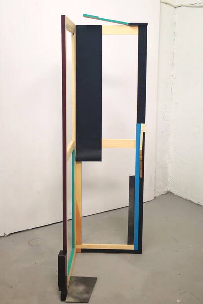 Miren Doiz, S.t., 2019, Fabric tape, wood, printed paper, 130 x 40 x 40 cm