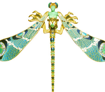 Lalique, René. Femme libellule, ornement de corsage, 1897-1898. Or, émail, chrysoprase, diamants et pierres de lune, 23 x 26,6 cm. Museu Calouste Gulbenkian, Lisbonne