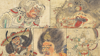 Collage que muestra detalles de las cinco pinturas diferentes del conjunto "Exterminio del Mal".
Exterminio del Mal: ​​Tenkousei, Sendan Kendatsuba, Shinchū, Shōki y Vaisravana. Desde la antigüedad, la gente ha adorado a dioses que castigan y expulsan a los demonios que provocan desgracias y pestilencias. El conjunto de cinco pergaminos ha sido designado Tesoro Nacional de Japón en la categoría de pinturas, Japon