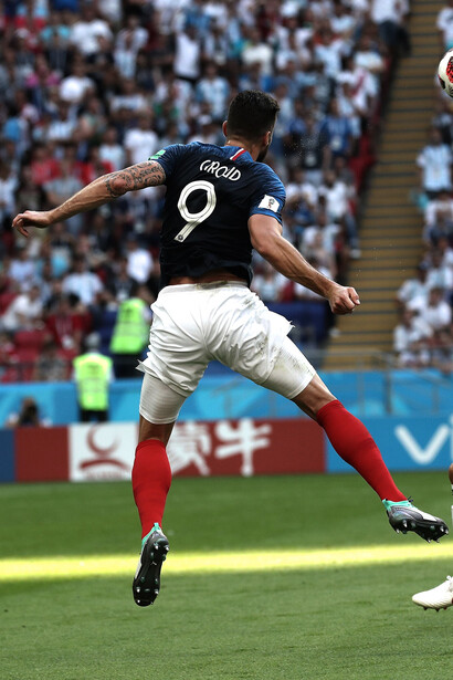 Der französische Stürmer Olivier Giroud während des Achtelfinalspiels gegen Argentinien (4:3) in Kasan bei der WM 2018 – eines der spannendsten Spiele der französischen Mannschaft unter der Leitung von Didier Deschamps 