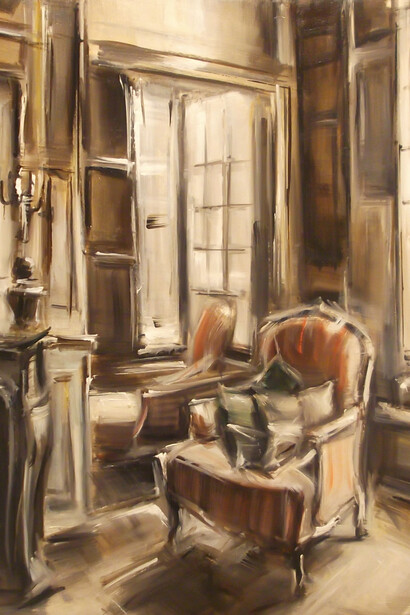 Loredana Cacucciolo, Nelle stanze di Andrea, La poltrona a righe, olio su tela, 40x50x5 cm, 2012