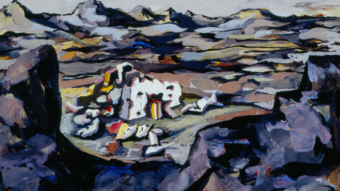 Philip C. Curtis, Landscape with Destruction, 1944. Watercolor on illustration board. Collection of Phoenix Art Museum, Gift of the Philip C. Curtis Restated Trust U/A/D April 7, 1994.