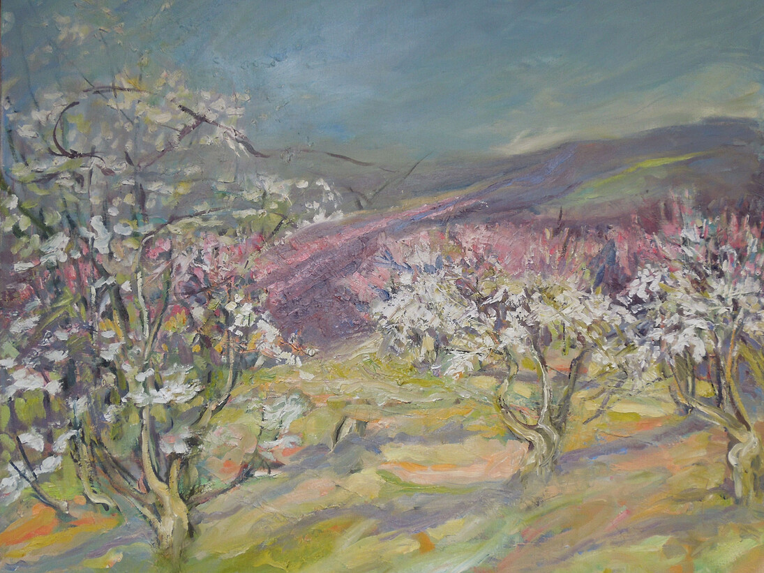 Mary-Jane Alexander, Through the Cherry and Peach Blossom, oil on canvas, 80 x 80 cm