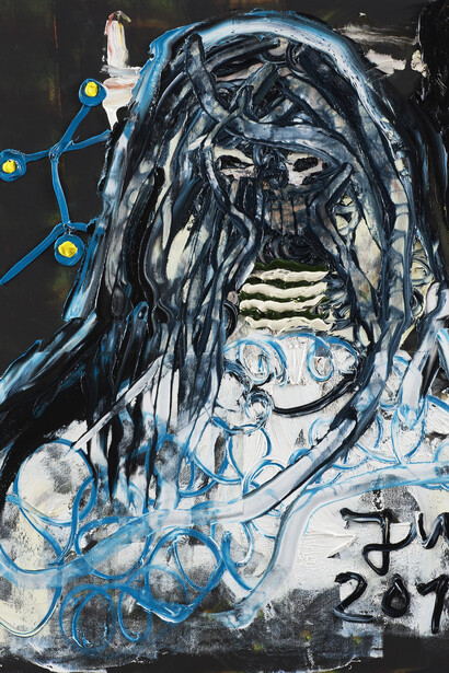 Jonathan Meese, DIE GEILSTBRUT BEHERRSCHT DEN ERZRAUM ERSTE SAHNE, 2014, Oil and acrylic on canvas, 100,5 x 80,3 x 3,3 cm / 39 1/2 x 31 2/3 x 1 1/3 in, Courtesy Jonathan Meese; Sies + Höke, Düsseldorf, Photographer Jan Bauer 