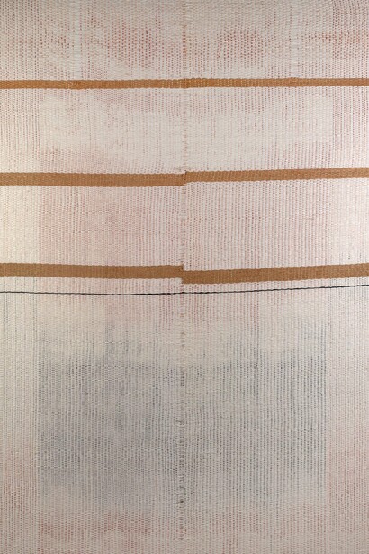 Elizabeth Hohimer, The Smell of Rain And Other Things I Can't Come Back From (detail), 2024, paper thread, clay, Texas cotton,
85 x 61 x 2 1/2 inches. Courtesy of the artist and Gerald Peters Contemporary