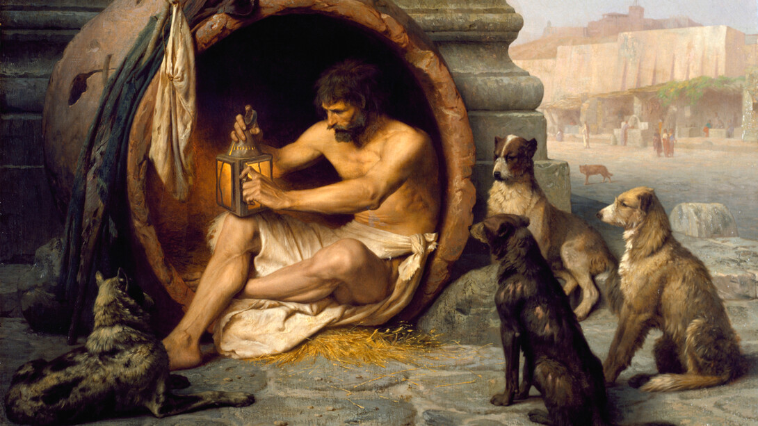 Diógenes, de Jean-Léon Gérôme. Vivia em um barril, e seus únicos bens eram um bastão, uma lamparina e um saco