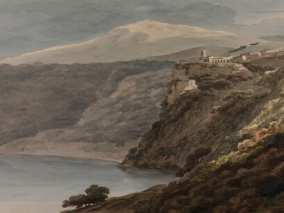 John Robert Cozens, vista del lago de Nemi, a 30 km. al sur de Roma. En Madrid, Real Academia de San Fernando, España, 1778