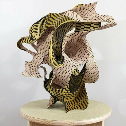 Austin Ballard, Perforator 4 (Eternal Genji in Irregular Warp Rib), 2024,
Cane webbing, epoxy clay, and textile dye, 30 x 25 x 25 inches. Courtesy of the artist and McKenzie Fine Art