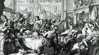 Un monje, con una muleta a su lado, se vuelve para admirar la figura desnuda de Lujuria, sentada a horcajadas en una cama, que le devuelve la mirada; detrás de ella, dos demonios usan fuelles para avivar un globo u orbe en llamas 