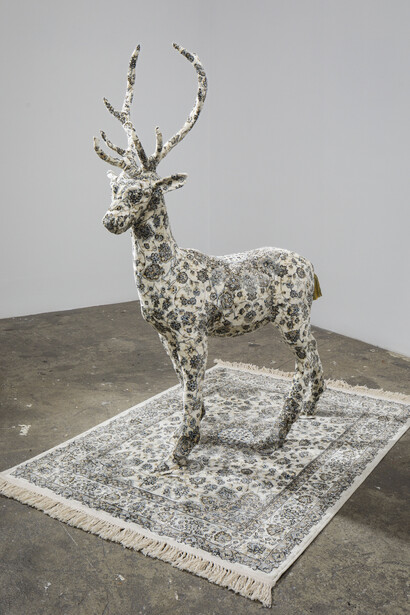 Debbie Lawson, Standing Stag, 2023, Carpet and mixed media, 67 x 48 x 19¾ in. Courtesy of the artist and Sargent's Daughters Gallery