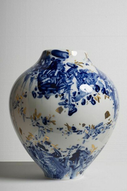 Vase No. 29, 2008, porcelain, hand painted by the artist with highlights in gold, unique, 14 x 11 x 11 inches, 35.6 x 27.9 x 27.9 centimeters