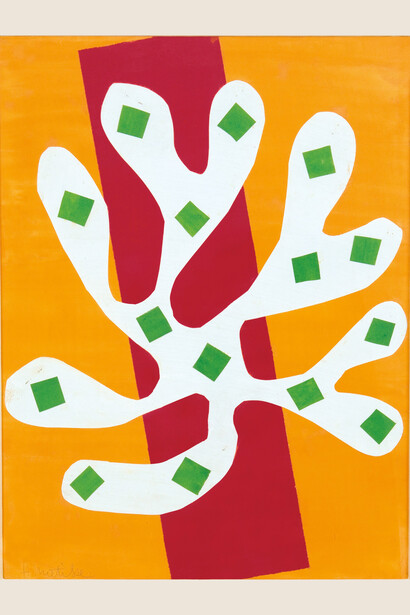 Henri Matisse (French, 1869-1954). White Alga on Orange and Red Background (Algue blanche sur fond orange et rouge), 1947. Gouache on paper, cut and pasted. 20 11/16 x 15 15/16 (52.5 x 40.5 cm). Mr. and Mrs. Donald B. Marron, New York. © 2014 Succession H. Matisse / Artists Rights Society (ARS), New York