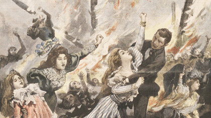 Detalle de la Portada del diario francés «Le Petit Journal», domingo 16 de mayo de 1897, donde se describen los hechos del incendio del Bazar de la Caridad de París. Biblioteca Nacional de Francia