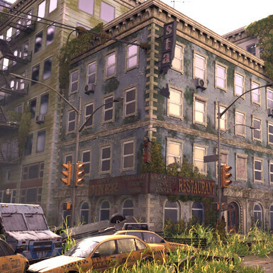 The decayed interior of a megastructure in an abandoned futuristic city, where empty buildings and vehicles mark the ruins of a once-advanced civilization