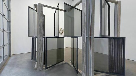 Heather Rowe, Suffusion Screen (her thoughts, means, and ends), 2014 Glass, mirror, plywood, wallpaper, paint, steel, fabric 13 x 88 x 24 in. (33 x 223.5 x 61 cm)
