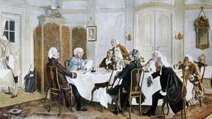 Kant con amigos, incluidos Christian Jakob Kraus, Johann Georg Hamann, Theodor Gottlieb von Hippel y Karl Gottfried Hagen