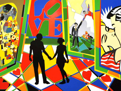Ugo Nespolo, The road of Love, serigrafia polimaterica, 2005