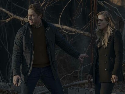 In a scene from the Netflix show 'Manifest' where Michaela (Melissa Roxburgh) is told to stand back by Ben (Josh Dallas)