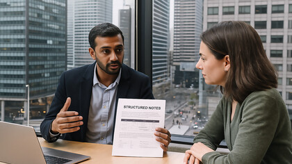 A financial advisor explains structured notes to a client during a meeting in a modern office overlooking the city skyline