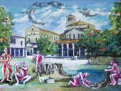 Dario Fo,
L'isola di Torcello,
2013,
Tecnica mista su tavola, 72 x 51 cm
(78 x 58 cm con cornice),
Archivio Franca Rame e Dario Fo