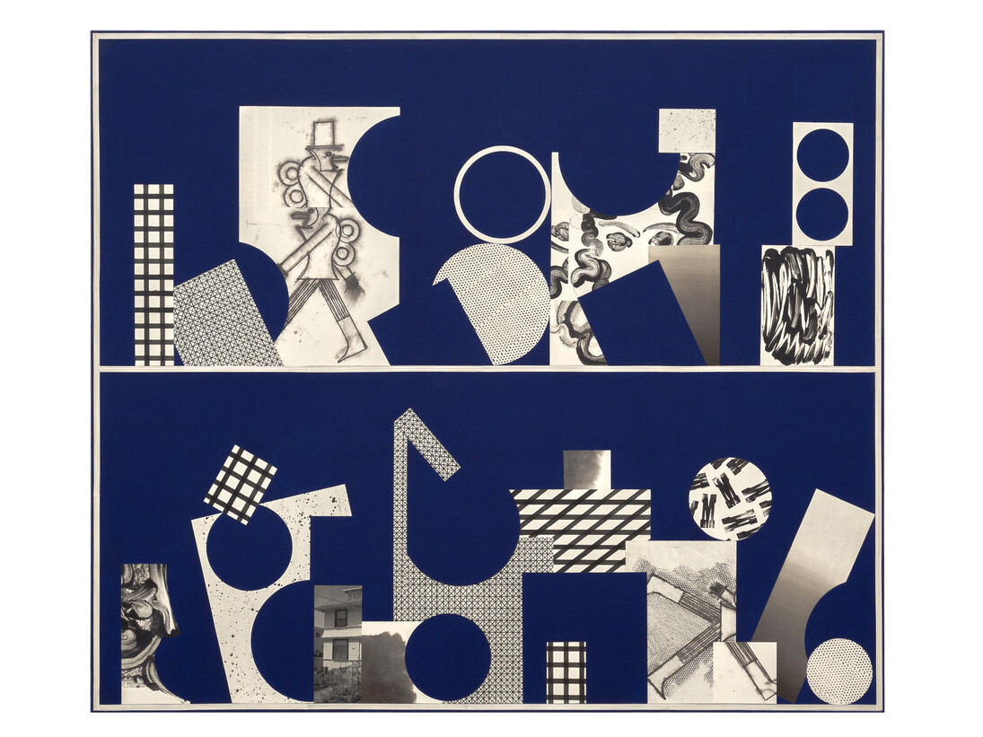 David Korty, Blue Shelf #38, 2015, Ink, paper, pencil, silkscreen and paint on canvas, 79 x 93 inches