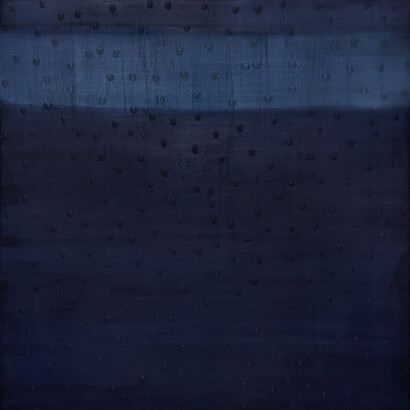 Maya Makino, Rain, 2016, indigo, Japanese paper, gofun (shell lime), on wooden panel, 51x51 inches. Courtesy the artist and Heather Gaudio Fine Art