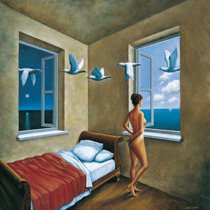 Rafal Olbinski, Wizyta, colour print, edition of 100.  

