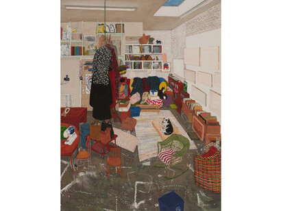 Sarah McEneaney, Studio Living, 2014, acrylic on gessoed linen, 48 x 36 inches