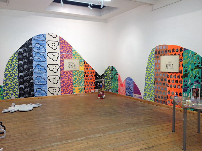 Ludovica Gioscia, Cloud Ash Dolphin Crash, 2014 (installation shot), Custom screen printed wallpaper, Dimensions variable
