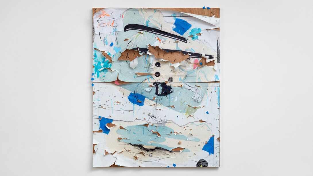 Oedipal Snowman Problem, 2019-20
acrylic, charcoal, copy paper, push pins,
PVA, painter's tape, wooden discs, post-it,
collage, permanent marker and archival
pigment prints on panel
152.7 x 123.2 cm
60 1/8 x 48 1/2 ins