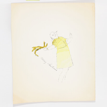 Andy Warhol, Female Holding Fir Branch, c. 1956, Ink and Dr.Martin’s Aniline Dye on Strathmore paper, 14 1/2 x 12 1/8 inches (paper) (36.8 x 30.8 cm). © The Andy Warhol Foundation for the Visual Arts, Inc.
Courtesy Anton Kern Gallery, New York