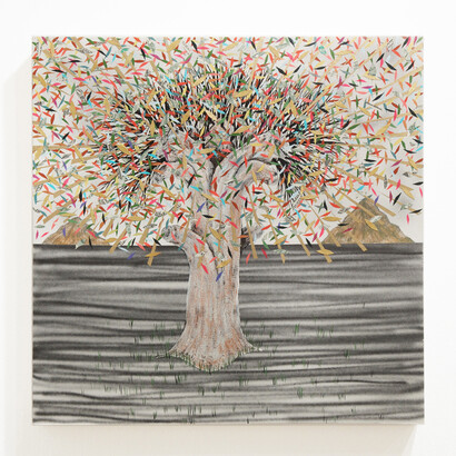 Andrew Schoultz, Tree (Golden Projection), acrylic and collage on canvas, 24 x 24 inches (60.96 x 60.96 cm)