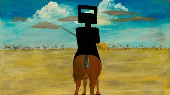 Sidney Nolan, Ned Kelly, 1946, Enamel paint on composition board, 90.8 x 121.5 cm, National Gallery of Australia, Canberra, Gift of Sunday Reed 1977