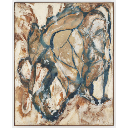 Fujiko Shiraga, Untitled, 1961, Oil, Japanese paper and glass on canvas, 63 x 52 inches, 160 x 132 cm. © Fujiko Shiraga, Courtesy Fergus McCaffrey