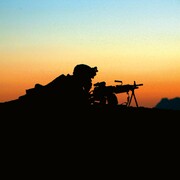 US Marine Corps soldier, M249 machine gun team, stationed in Helmand province, Afghanistan, 2008. Courtesy of La Boverie