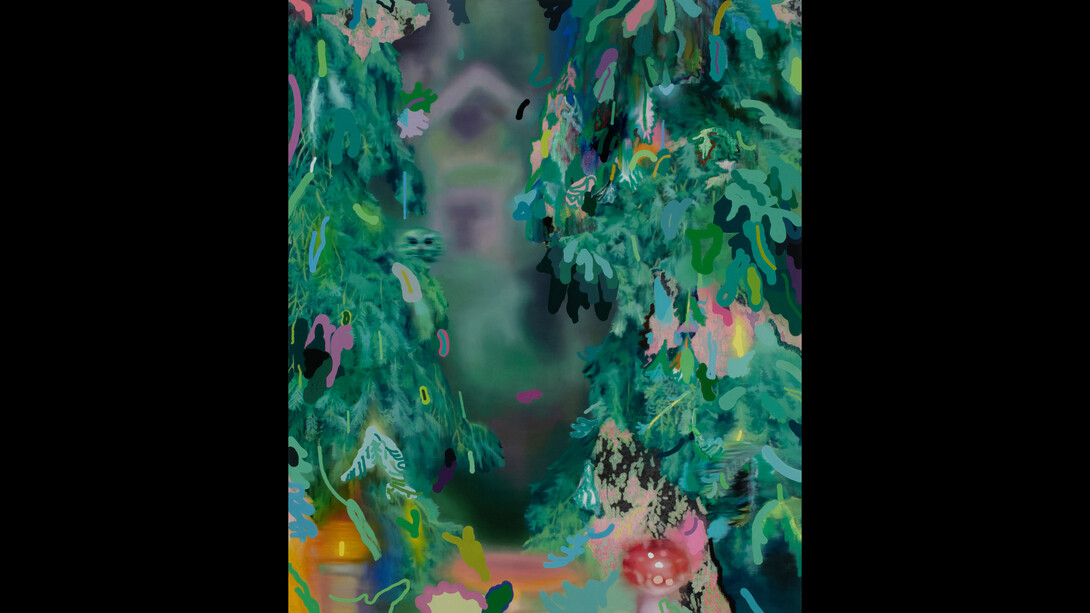 Leon Benn, You See I Have Not Forgotten, 2023, oil, oil stick, acrylic, and fabric dyes on linen, 63x52.5 inches. Courtesy of the artist and David B. Smith Gallery
