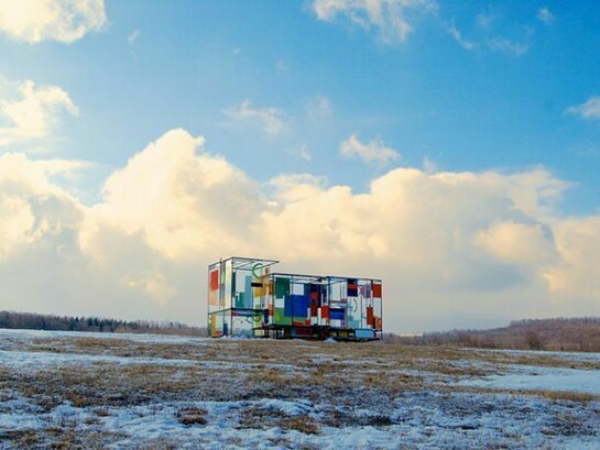 Rob Fischer, Good Weather (Glass House), 2014, installation view, glass, steel, screenprint ink, acrylic and latex paint, construction adhesive, lights, wires, 175 x 223 x 126 inches