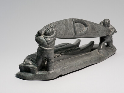 Jimmy Inaruli Arnamissak, (Inukjuak, 1946–2003) Two Men Loading Kayak onto Sled, 1970s. Stone. Collection of the Winnipeg Art Gallery. Gift from the Collection of George and Tannis Richardson, 2011-61
